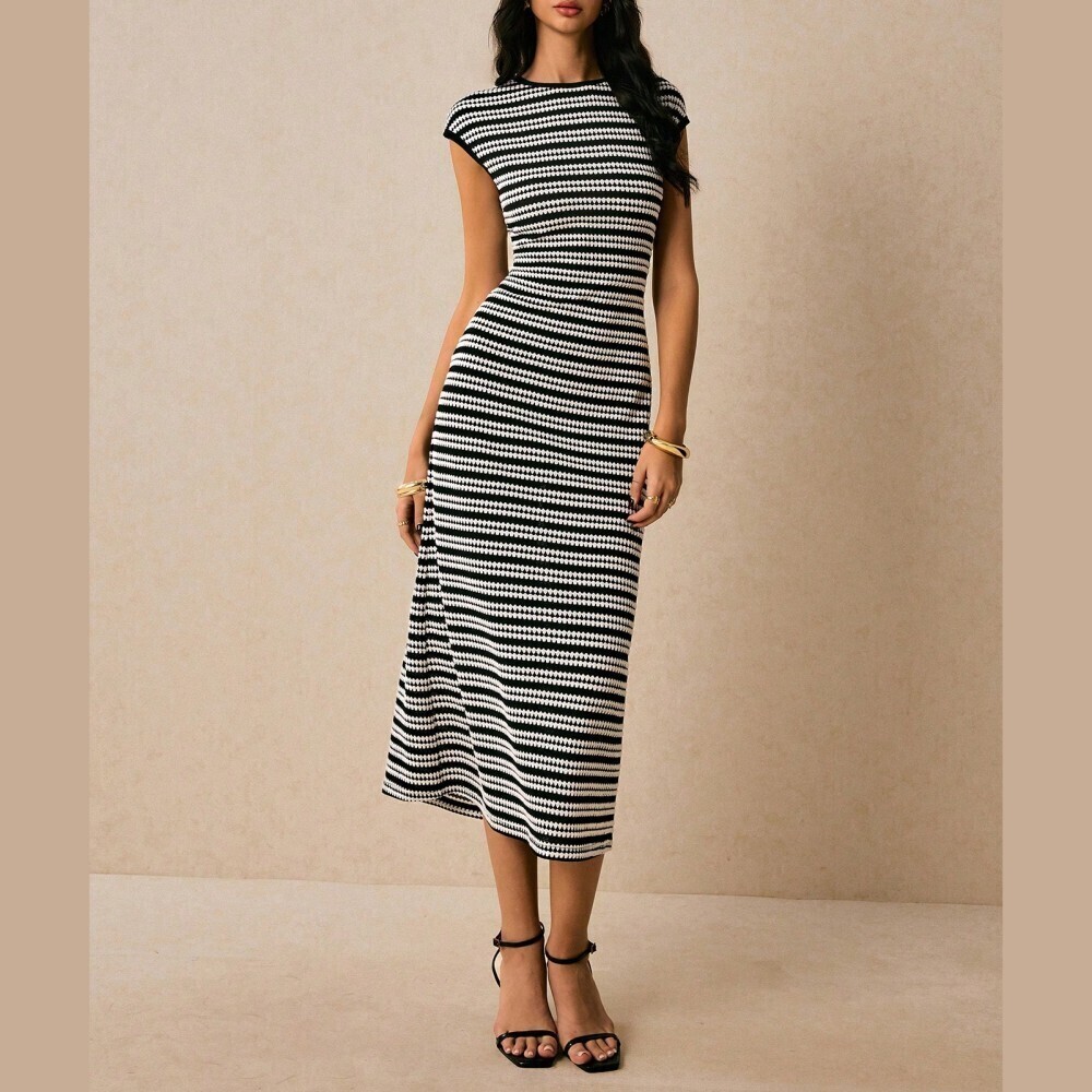 Black and White Textured Knit Cap Sleeve Midi Dress